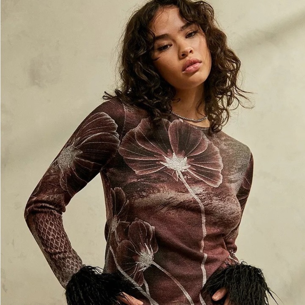 Jaded London intarsia knit top with fur cuffs